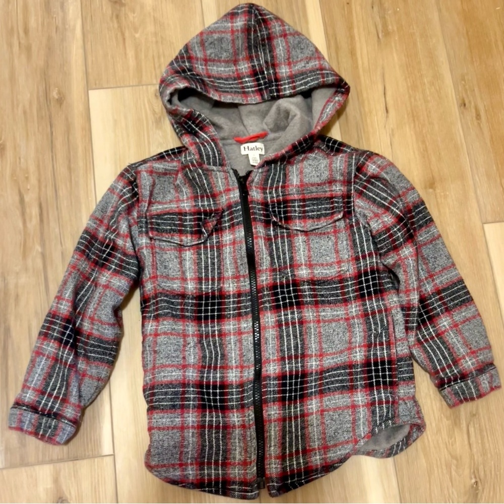 Hatley hooded grey plaid woven flannel full zip jacket sz 6